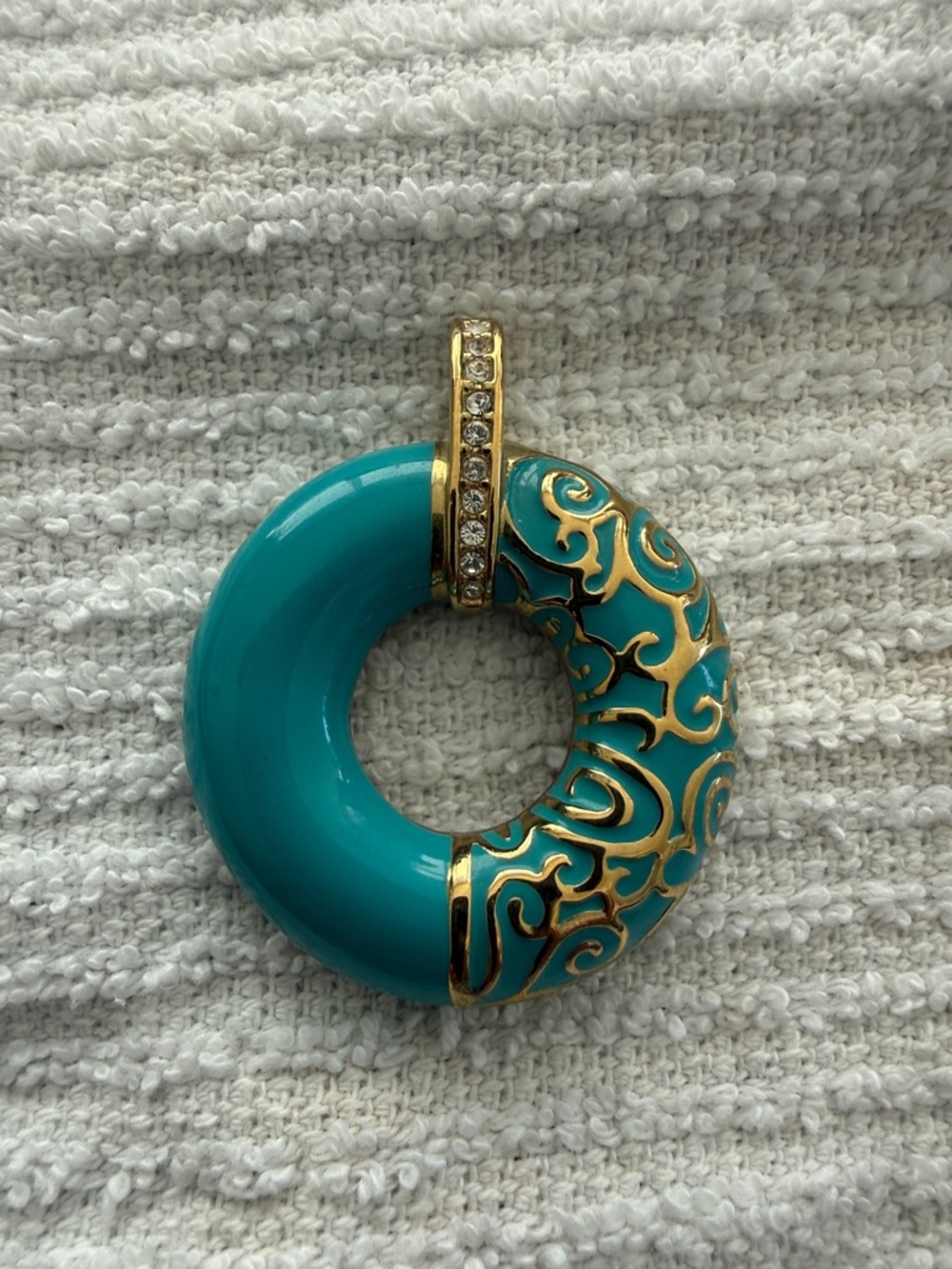 Turquoise and Gold Filigree Donut Pendant Necklace